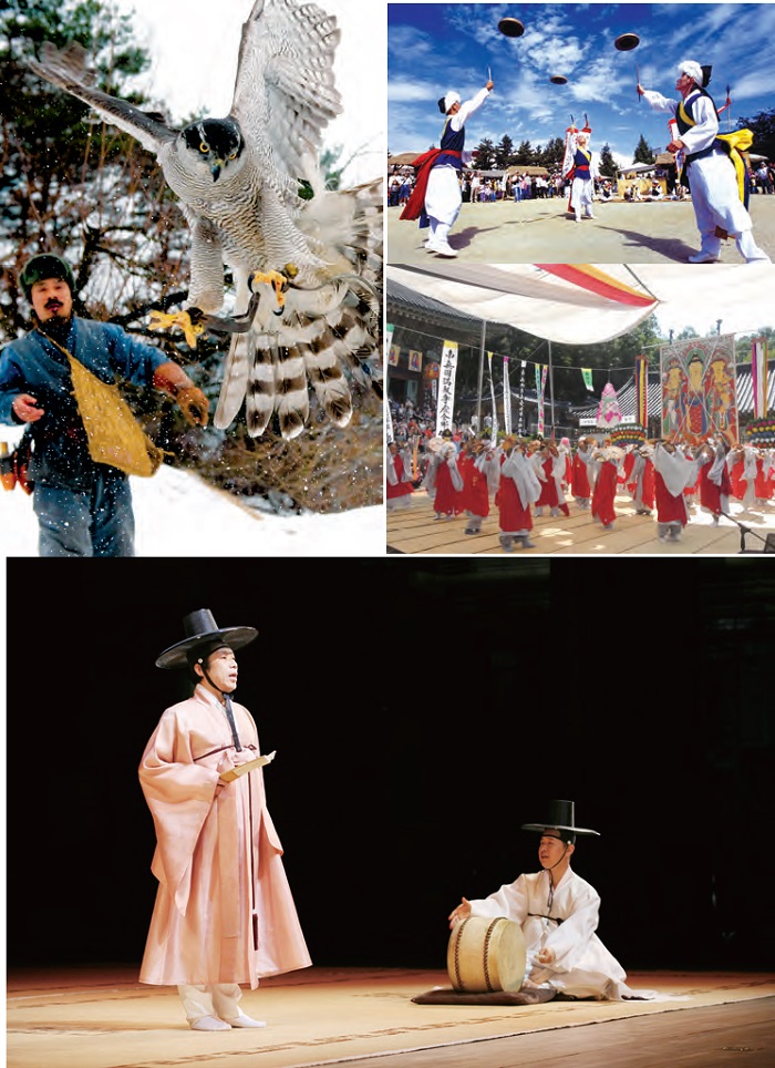 <B>1. Falconry</B> It was once a serious activity conducted to gain food but now an outdoor sport seeking a unity with nature. <B>2. Namsadang Nori</B> Performance presented by a traveling troupe of about 40 performers led by a percussionist called Kkokdusoe. <B>3. Yeongsanjae</B> A Buddhist memorial ritual performed on the 49th day after one's death to guide the spirit to the pure land of bliss. <B>4. Pansori</B> Performance of a solo artist assisted by a drummer where singing is combined with dramatic narratives and gestures to present a long, epic story (National Center for Korean Traditional Performing Arts).