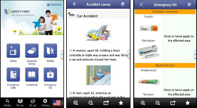 (From left) The Safety First app provides information about general day-to-day safety, seasonal safety, shelters, emergency calls and first aid kits. In the second picture, the app explains how to deal with a car accident. In the third picture, the app lets you know about some necessary medicine that houses should to keep in their first aid kit.
